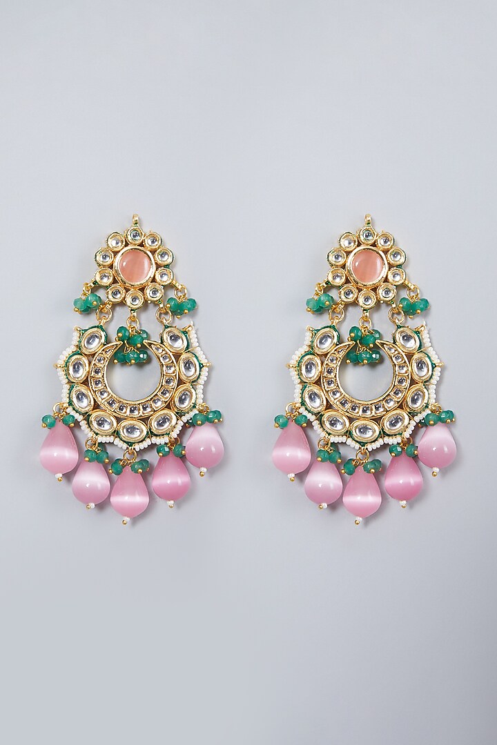 Gold Finish Kundan Polki & Green Beaded Chandbaali Earrings by VASTRAA Jewellery at Pernia's Pop Up Shop